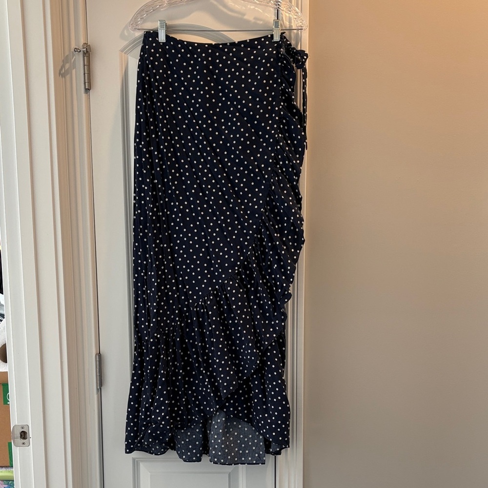 Polka Dot Ruffle Midi Skirt - Navy